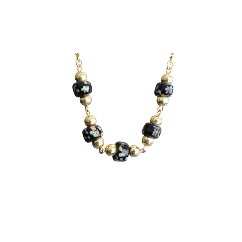 Vintage Crown Trifari Black and Gold Millefiori Beaded Necklace Choker